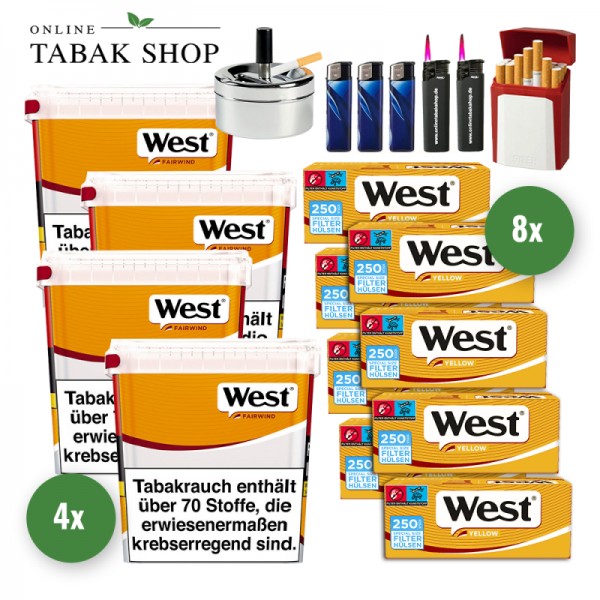 West Yellow Tabak (4 x 235g) + 2.000 West Yellow Extra Hülsen + 2 Sturmfeuerzeuge + 3 Feuerzeuge + 1 Gizeh Etui + 1 Drehascher