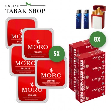 Moro Rot Volumen Tabak (5 x 130g) + 2.000 Gizeh Special Tip Extra Hülsen + 2 Feuerzeuge + 1 Gizeh Etui
