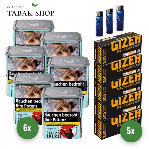 American Spirit Original Blau Tabak (6 x 80g) + 1.000 Gizeh Full Flavor Extra Hülsen + 3 Feuerzeuge