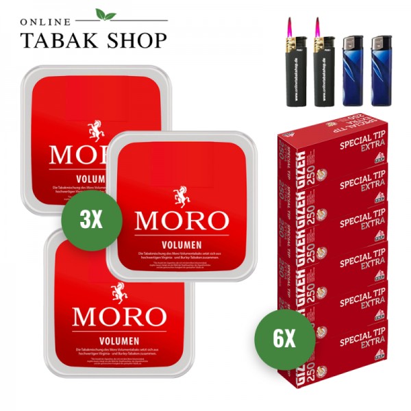 Moro Rot Volumentabak (3 x 130g) + 1.500 Gizeh Special Tip Extra Hülsen + 2 Sturmfeuerzeuge + 2 Feuerzeuge