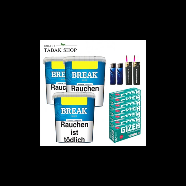 Break Blue Volumentabak (3 x 195g) + 1.600 Gizeh Menthol Extra Hülsen + 3 Feuerzeuge + 2 Sturmfeuerzeuge