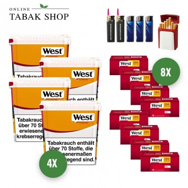 West Yellow Volumen Tabak (4 x 235g) + 2.000 West Red EXTRA Hülsen + 2 Sturmfeuerzeuge + 3 Feuerzeuge + 1 GIZEH Etui