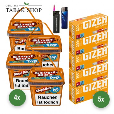FARGO Volumen Stopf Box Orange (4 x 155g) + 1.000 GIZEH Full Flavor Hülsen (Gelb)+ 1 Feuerzeuge + 1 Sturmfeuerzeug