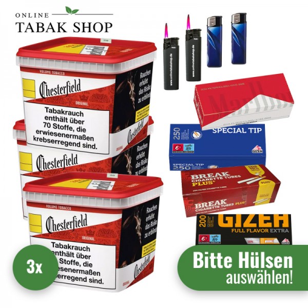 Chesterfield Volumentabak Red (3 x 255g) + 2.000 Hülsen (nach Wahl) + 2 Sturmfeuerzeuge + 2 Feuerzeuge