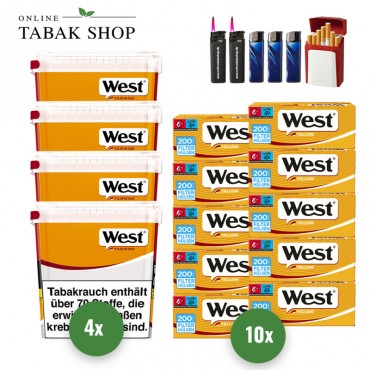 West Yellow Volumen Tabak (4 x 235g) + 2.000 West Yellow Hülsen + 2 Sturmfeuerzeuge + 3 Feuerzeuge + 1 GIZEH Etui