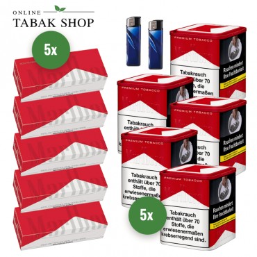 Marlboro Rot Tabak (5 x 70g) + 1.000 Hülsen + 3 Feuerzeuge