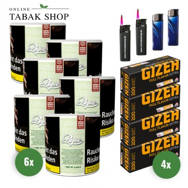 Pepe Bright Green Tabak (6 x 80g) + 800 Gizeh Full Flavor Extra Hülsen + 2 Feuerzeuge + 2 Sturmfeuerzeuge