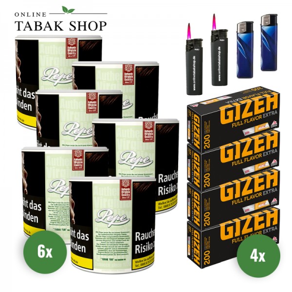 Pepe Bright Green Tabak (6 x 80g) + 800 Gizeh Full Flavor Extra Hülsen + 2 Feuerzeuge + 2 Sturmfeuerzeuge