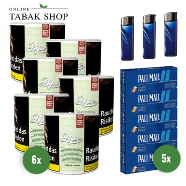 Pepe Bright Green Tabak (6 x 80g) + 1.000 Pall Mall Blau Xtra Hülsen + 3 Feuerzeuge