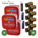 Moro Tabak (3 x 245g) + 2000 Hülsen (wählbar) + 2 Feuerzeuge + 1 Sturmfeuerzeug