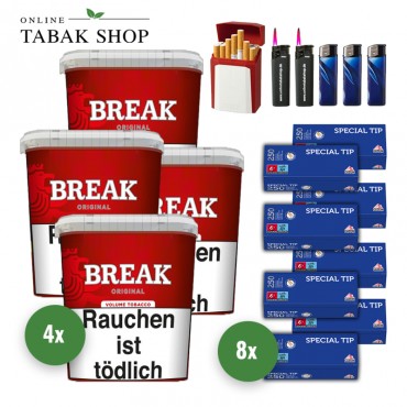 Break Original Volumentabak (4 x 195g) + 2.000 Gizeh Special Tip Hülsen + 3 Feuerzeuge + 2 Sturmfeuerzeuge + 1 Gizeh Etui