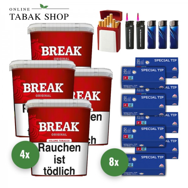 Break Original Volumentabak (4 x 195g) + 2.000 Gizeh Special Tip Hülsen + 3 Feuerzeuge + 2 Sturmfeuerzeuge + 1 Gizeh Etui