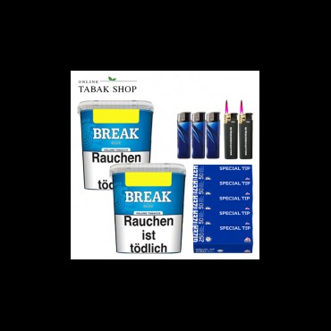 Break Blue Volumentabak (2 x 195g) + 1.250 Gizeh Special Tip Hülsen + 3 Feuerzeuge + 2 Sturmfeuerzeuge