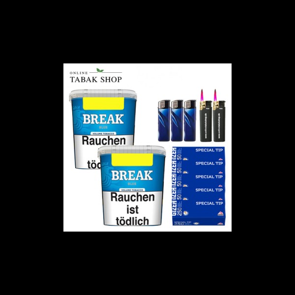 Break Blue Volumentabak (2 x 195g) + 1.250 Gizeh Special Tip Hülsen + 3 Feuerzeuge + 2 Sturmfeuerzeuge