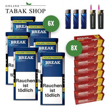 Break Blue Volumen Tabak (6 x 85g) + 1.600 Break Plus Hülsen + 2 Sturmfeuerzeuge + 3 Feuerzeuge