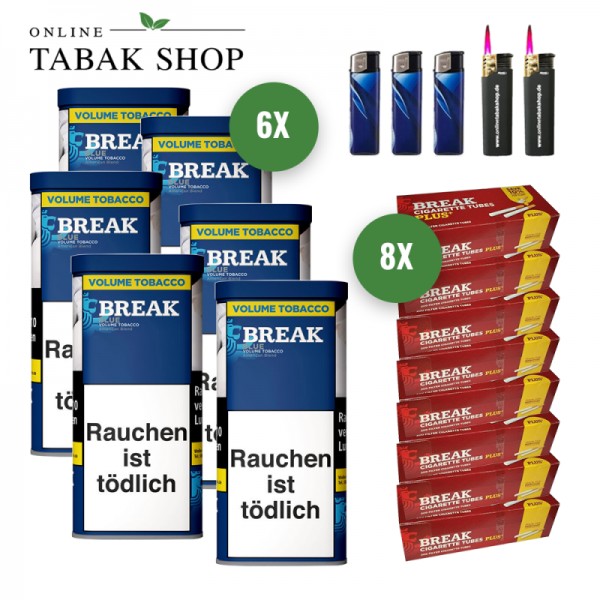Break Blue Volumen Tabak (6 x 85g) + 1.600 Break Plus Hülsen + 2 Sturmfeuerzeuge + 3 Feuerzeuge
