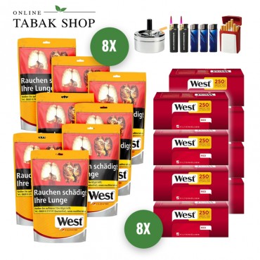 West Yellow Tabak (8 x 93g) + 2.000 West Red EXTRA Hülsen + 3 Feuerzeuge + 2 Sturmfeuerzeug + 1 Gizeh Etui + 1 Aschenbecher