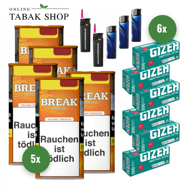 Break Orange Tabak (5 x 85g) + 1.200 Gizeh Menthol Extra Hülsen + 3 Feuerzeuge + 2 Sturmfeuerzeuge