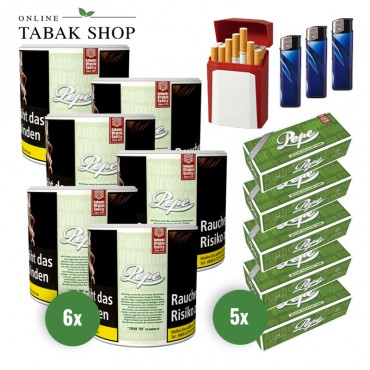 Pepe Bright Green Tabak (6 x 80g) + 1.000 Pepe Hülsen + 3 Feuerzeuge + 1 Gizeh Etui