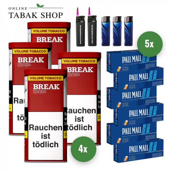BREAK Original Tabak (4 x 85g) + 1.000 PALL MALL Blue Hülsen + 2 Sturmfeuerzeuge + 3 Feuerzeuge