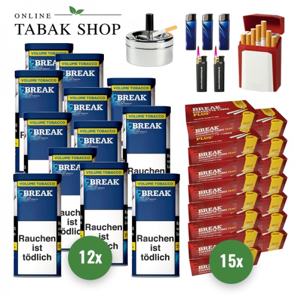 Break Blau/Blue Vol. Tabak (12x 85g) + 3.000 Break PLUS Hülsen +2 Sturmfeuerzeuge +3 Feuerzeuge +1 GIZEH Etui +1 Drehascher 9cm