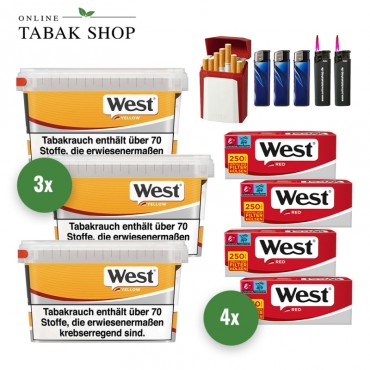 West Yellow Volumen Tabak (3 x 110g) + 1.000 West Red Special Hülsen + 3 Feuerzeuge + 2 Sturmfeuerzeuge + 1 GIZEH Etui