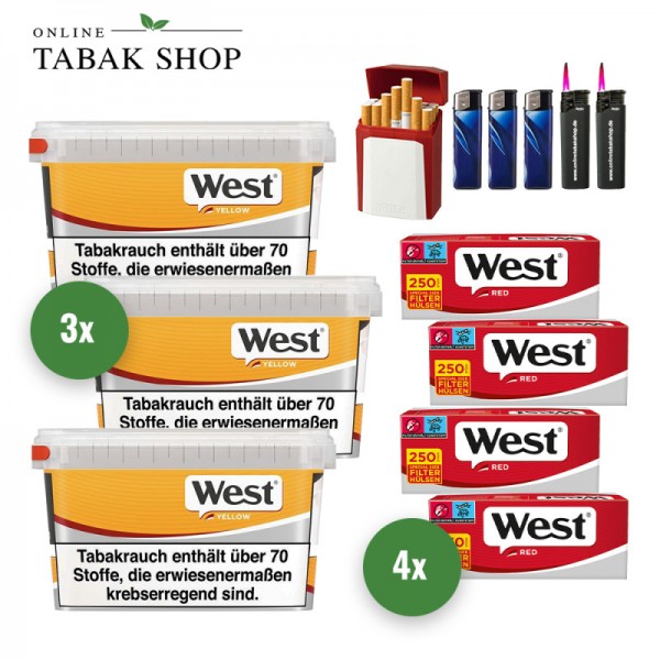 West Yellow Volumen Tabak (3 x 110g) + 1.000 West Red Special Hülsen + 3 Feuerzeuge + 2 Sturmfeuerzeuge + 1 GIZEH Etui