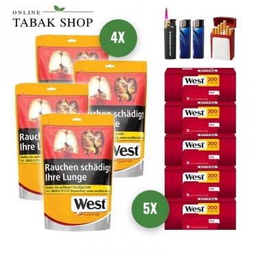 West Yellow Tabak (4 x 93g) + 1.000 West Red Hülsen + 2 Feuerzeuge + 1 Sturmfeuerzeug + 1 GIZEH Etui
