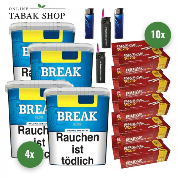 Break Blue Volumentabak (4 x 195g) + 2.000 Break Plus Hülsen + 2 Feuerzeuge + 2 Sturmfeuerzeuge