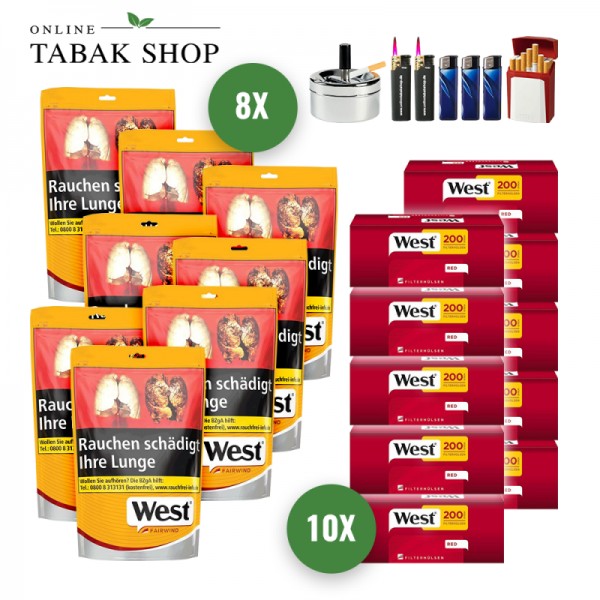 West Yellow Tabak (8 x 93g) + 2.000 West Red Hülsen + 3 Feuerzeuge + 2 Sturmfeuerzeuge + 1 GIZEH Etui + Drehascher 9cm