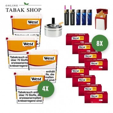 West Yellow Tabak (4 x 235g) + 2.000 West Red EXTRA Hülsen + 2 Sturmfeuerzeuge + 3 Feuerzeuge + 1 GIZEH Etui + 1 Drehascher