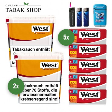 West Yellow Volumen Tabak (2 x 235g) + 1.000 West Red Hülsen + 1 Sturmfeuerzeug + 2 Feuerzeuge + 1 TobaliQ Happy Smile Feuerzeug