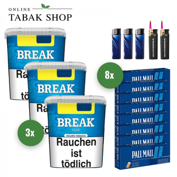 Break Blue Volumentabak (3 x 195g) + 1.600 Pall Mall Blue Xtra Hülsen + 3 Feuerzeuge + 2 Sturmfeuerzeuge