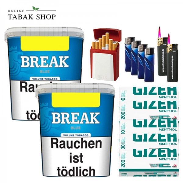 Break Blue Volumentabak (2 x 195g) + 1.000 Gizeh Menthol Hülsen + 4 Feuerzeuge + 2 Sturmfeuerzeuge + 1 Gizeh Etui
