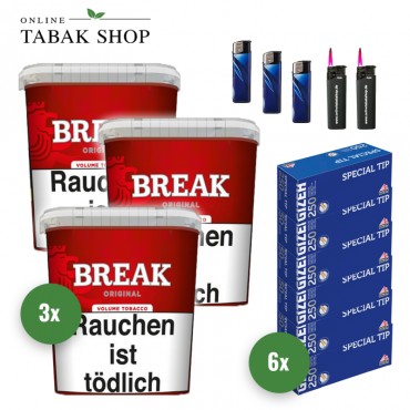 Break Original Volumentabak (3 x 195g) + 1.500 Gizeh Special Tip Hülsen + 3 Feuerzeuge + 2 Sturmfeuerzeuge