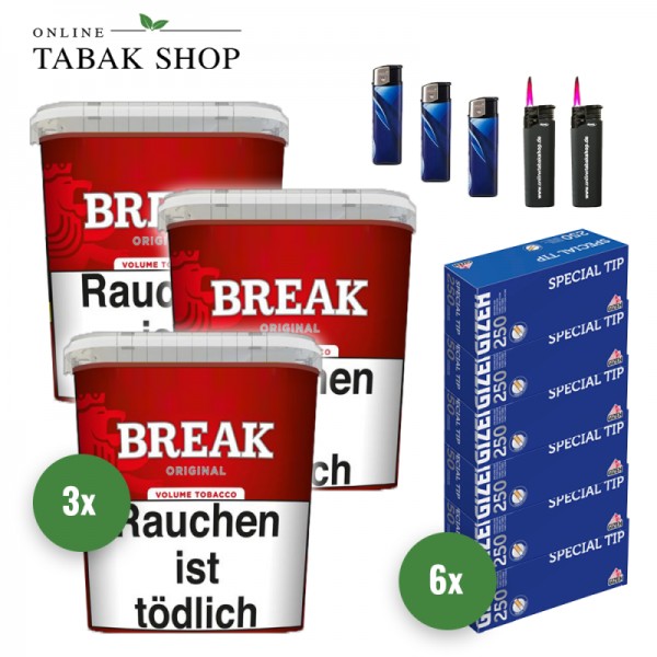 Break Original Volumentabak (3 x 195g) + 1.500 Gizeh Special Tip Hülsen + 3 Feuerzeuge + 2 Sturmfeuerzeuge