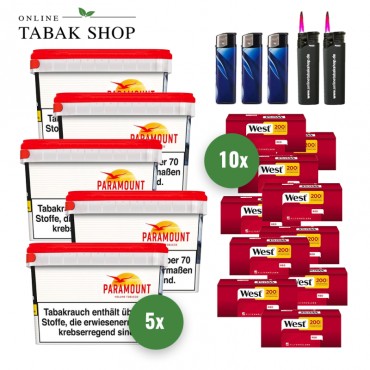 PARAMOUNT (5 x 125g) + 2.000 WEST Hülsen (wählbar) + 2 Sturmfeuerzeuge + 3 Feuerzeuge