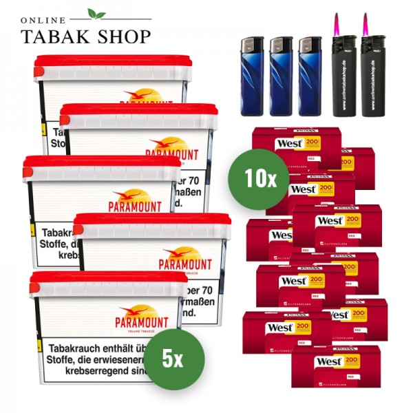 PARAMOUNT (5 x 125g) + 2.000 WEST Hülsen (wählbar) + 2 Sturmfeuerzeuge + 3 Feuerzeuge