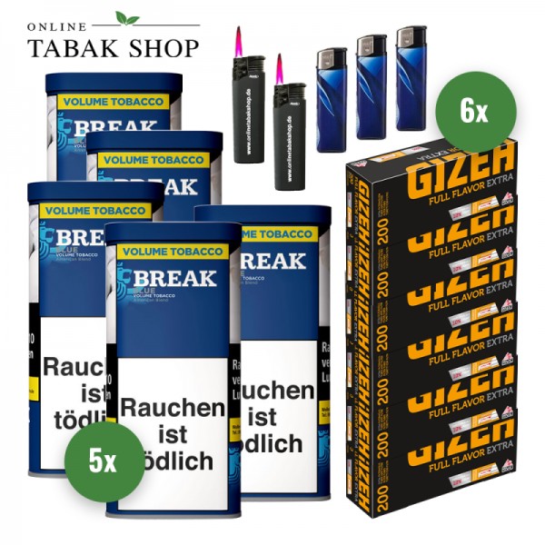 Break Blue Tabak (5 x 85g) + 1.200 Gizeh Full Flavor Extra Hülsen + 3 Feuerzeuge + 2 Sturmfeuerzeuge