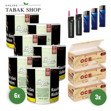 Pepe Bright Green Tabak (6x 80g), 750 OCB Organic Hülsen, 3x Feuerzeuge, 2x Sturmfeuerzeuge