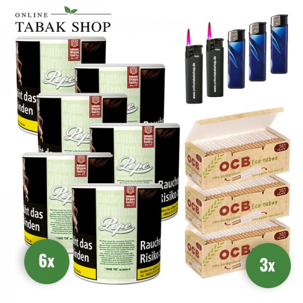 Pepe Bright Green Tabak (6x 80g), 750 OCB Organic Hülsen, 3x Feuerzeuge, 2x Sturmfeuerzeuge