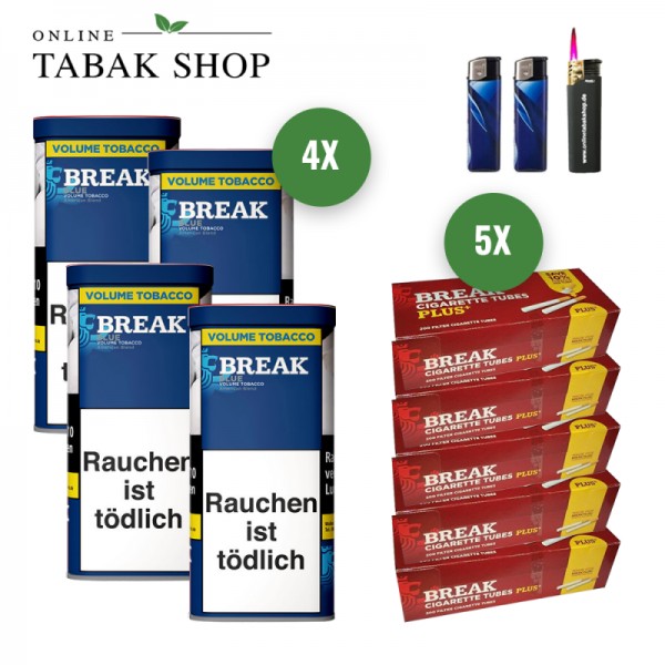 Break Blau / Blue Volumen Tabak (4 x 85g) + 1.000 Break PLUS Hülsen + 1 Sturmfeuerzeug + 2 Feuerzeuge