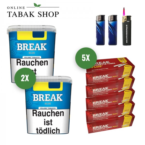 Break Blue Volumen Tabak (2 x 195g) + 1.000 Break Plus Hülsen + 1 Sturmfeuerzeug + 2 Feuerzeuge