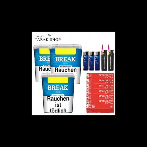 Break Blue Volumentabak (3 x 195g) + 1.500 Gizeh Special Tip Extra Hülsen (Rot) + 3 Feuerzeuge + 2 Sturmfeuerzeuge