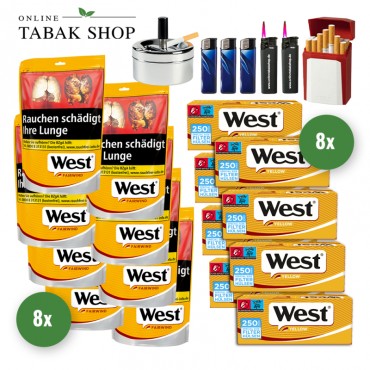 West Yellow Tabak (8 x 93g) + 2.000 West Yellow EXTRA Hülsen + 3 Feuerzeuge + 1 Sturmfeuerzeug + 1 Gizeh Etui + 1 Aschenbecher