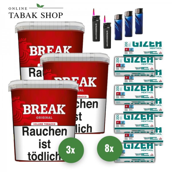Break Original Volumentabak (3 x 195g) + 1.600 Gizeh Menthol Hülsen + 3 Feuerzeuge + 2 Sturmfeuerzeuge