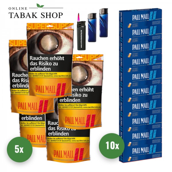Pall Mall Allround Tabak Super (5 x 145g) + 2.000 Pall Mall Xtra Hülsen + 1 Sturmfeuerzeug + 2 Feuerzeuge