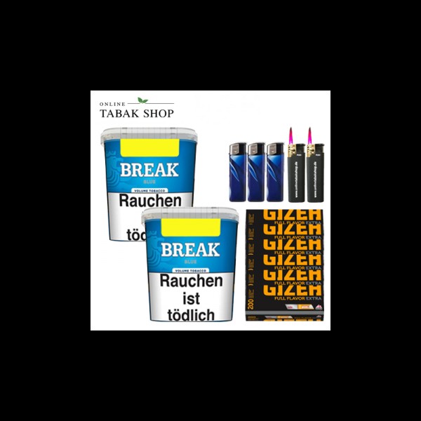 Break Blue Tabak (2 x 195g) + 1.200 Gizeh Full Flavor Extra Hülsen + 3 Feuerzeuge + 2 Sturmfeuerzeuge