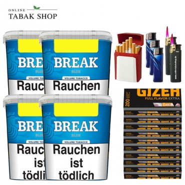 Break Blue Volumentabak (4 x 195g) + 2.000 Gizeh Full Flavor Extra Hülsen + 3 Feuerzeuge + 2 Sturmfeuerzeuge + 1 Gizeh Etui