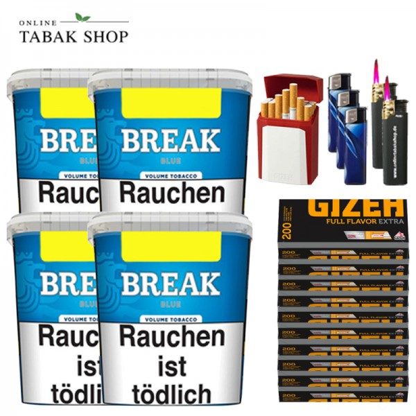 Break Blue Volumentabak (4 x 195g) + 2.000 Gizeh Full Flavor Extra Hülsen + 3 Feuerzeuge + 2 Sturmfeuerzeuge + 1 Gizeh Etui
